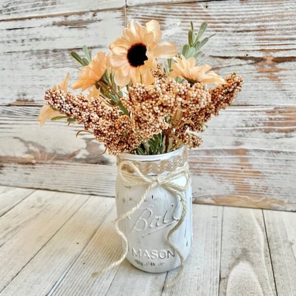 Handmade White Mason Jar Vase w Faux Lt. Pink/Green Floral & Jute Twine Bow - Picture 1 of 1